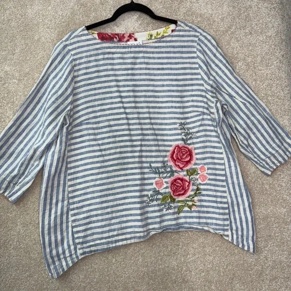 J. JILL Love Linen Top Women's Large Petite LP Stripe Floral Embroidered - Picture 1 of 7